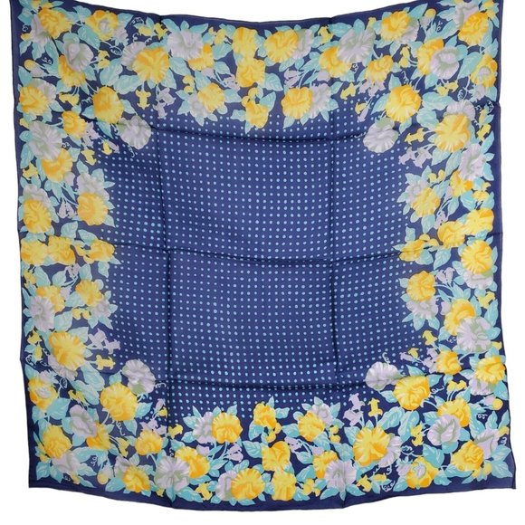 Vintage Silk Scarf Square Blue Yellow Floral Polka Dot 29"  Hand Rolled - Picture 1 of 10